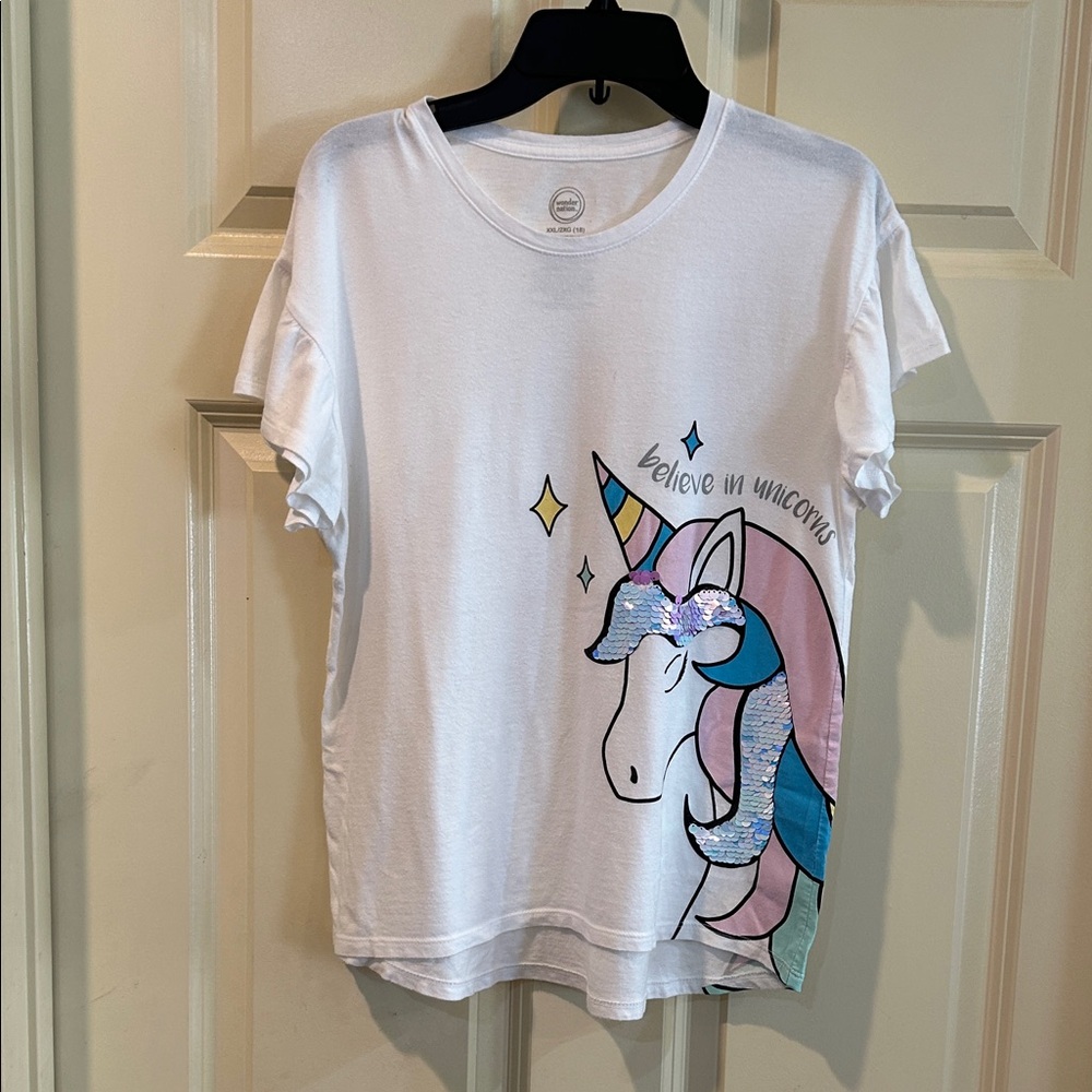 wonder nation White Tee with Sequin Pastel Unicorn Graphic